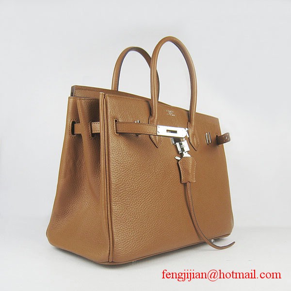 Hermes 35cm Embossed Veins Leather Bag Light Coffee 6089 Silver Hardware